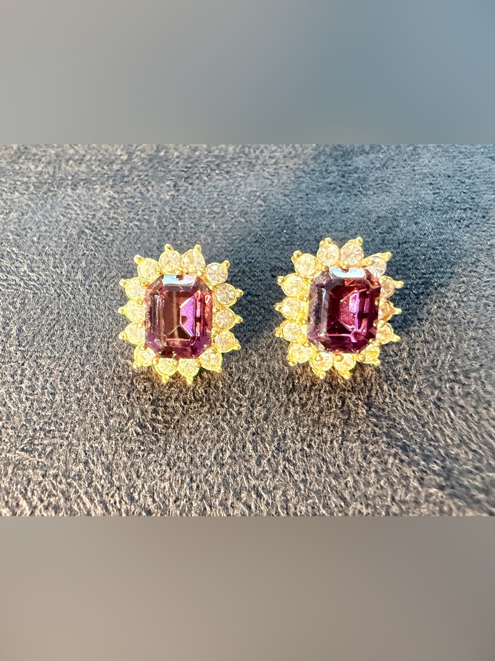 Vintage Signed Roman Gold Tone Faux Amethyst Glass & Rhinestone Stud Earrings